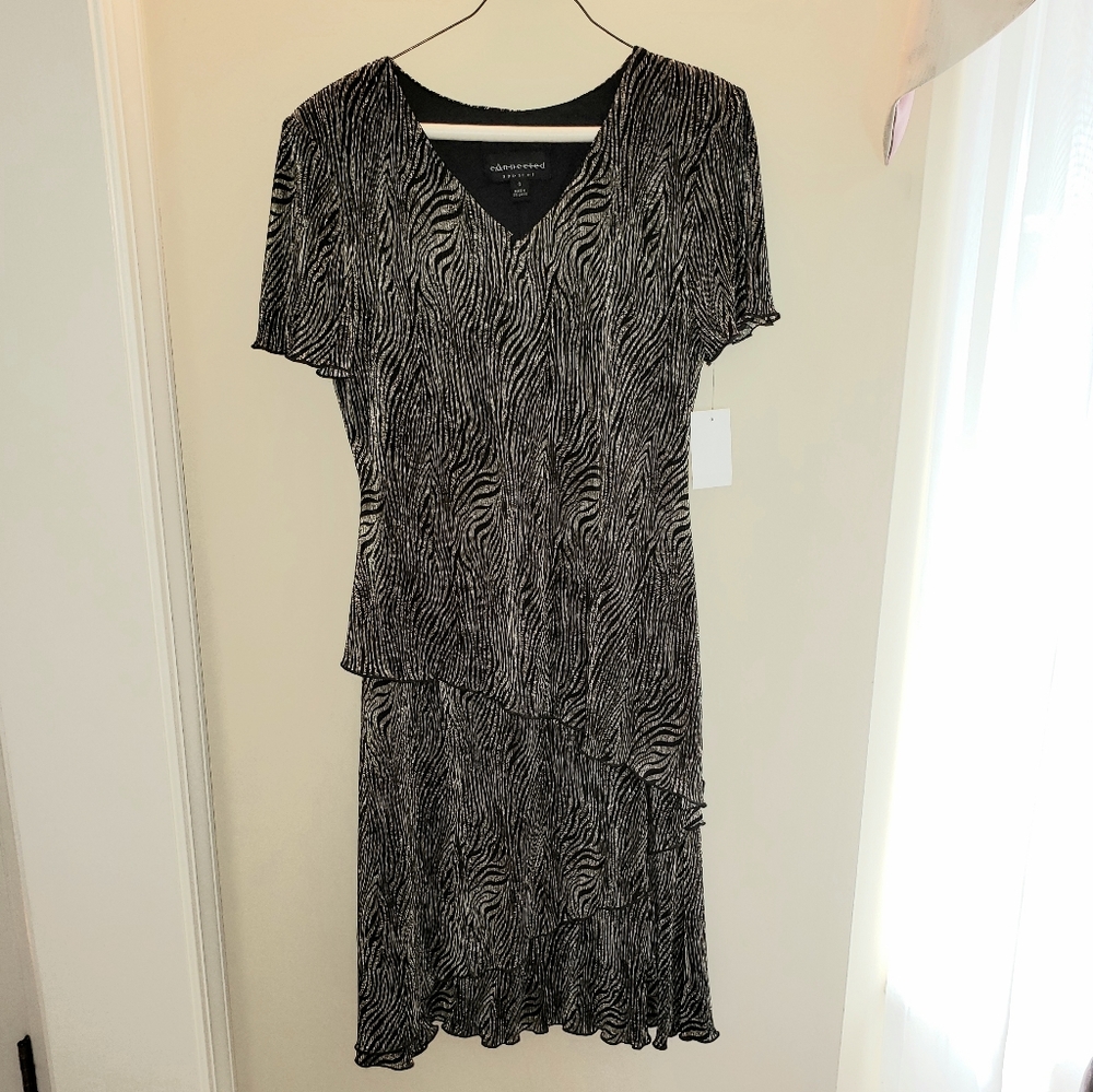 NWT Black & Gold Tiered Silky Dress, Size 6